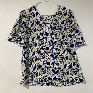 Halogen Floral Blouse Medium Blue Yellow Short Sleeve Nordstrom Top